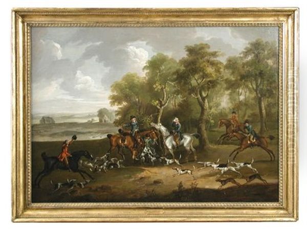 The End Of The Chase - A Hunting Party On The Edge Of A Wood, A Distant Landscape Beyond Oil Painting by John Nost Sartorius