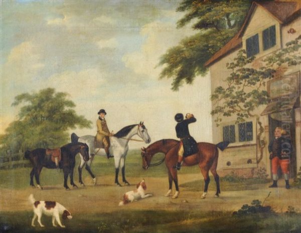 Horse-mounted Gentleman And Spaniels Before An Inn Oil Painting by John Nost Sartorius