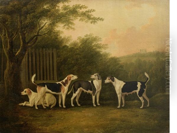 A Pair Of Hounds And A Pair Of Bitches In A Landscape With A Castle Beyond Oil Painting by John Nost Sartorius