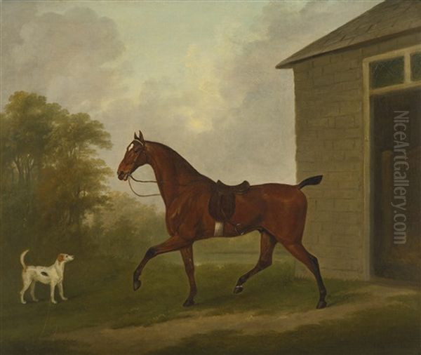 A Saddled Bay Hunter With A Foxhound, Outside A Stable Oil Painting by John Nost Sartorius