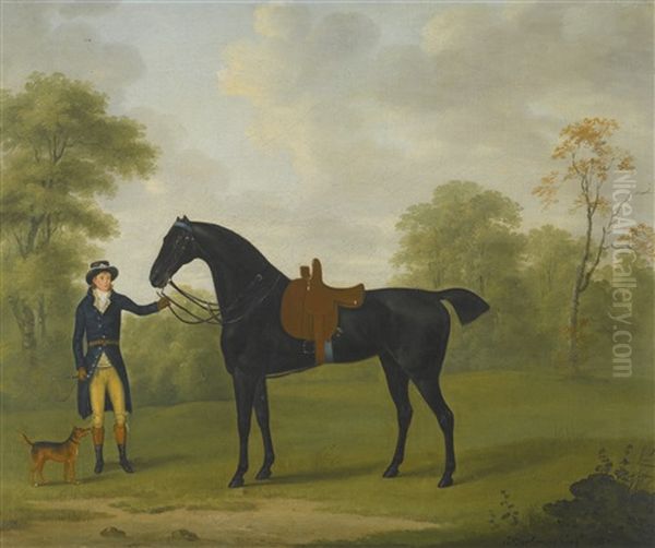 A Lady's Saddled Bay Hunter, Held By A Groom Oil Painting by John Nost Sartorius