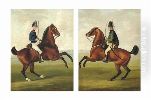 A Yeomanry Officer On Horseback; A German Hussar On Horseback (pair) Oil Painting by John Nost Sartorius