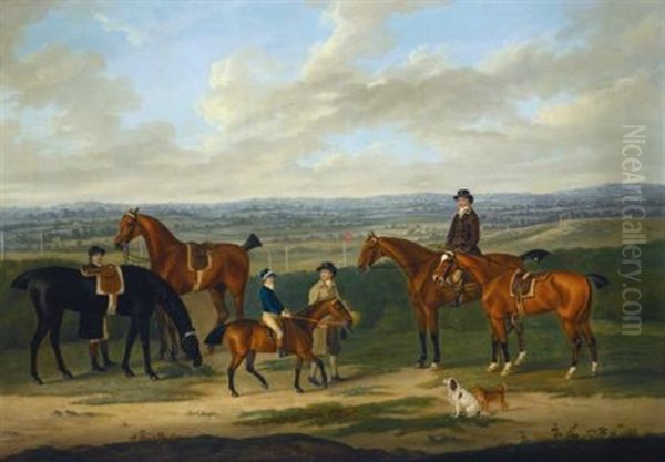 Joining The Elders; A Bay Pony Led By A Groom With A Boy In Racing Silks Up, Together With Four Horses And Two Riders, One Up, A Racecourse Beyond Oil Painting by John Nost Sartorius