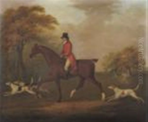 James Hetherington Esq On Horseback With Foxhounds Nearby, A Figure On A Grey Hunter In The Distance Oil Painting by John Nost Sartorius