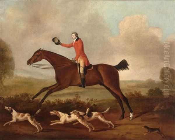 Equestrian Hunter And Four Hounds In Landscape Oil Painting by John Nost Sartorius