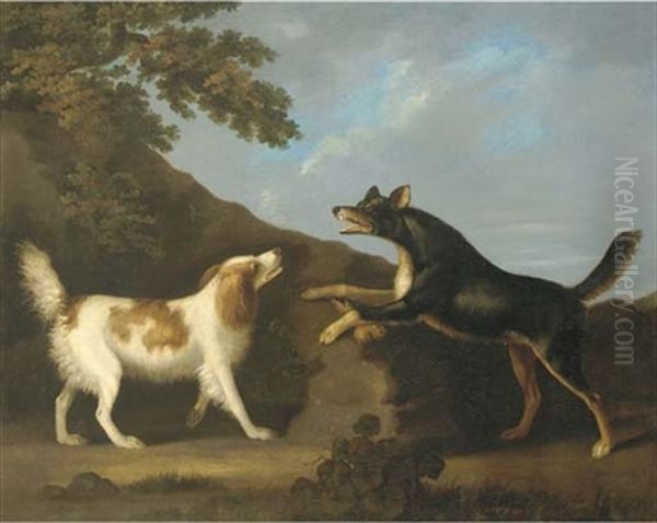 Terrier Guarding A Bone From A Spaniel In A Landscape Oil Painting by John Nost Sartorius