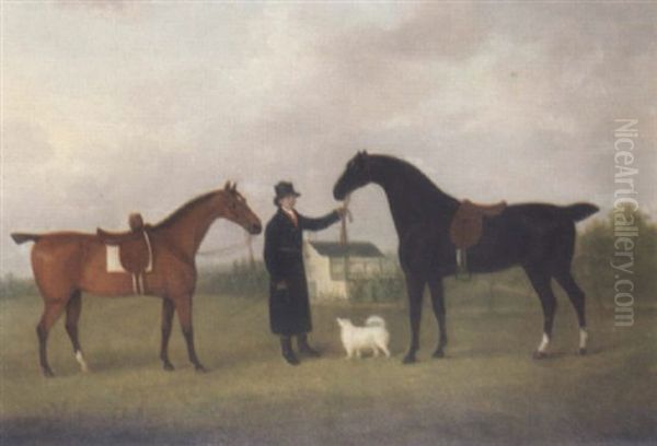 A Groom Holding A Lady And Gentleman's Hunters In A Landscape Oil Painting by John Nost Sartorius