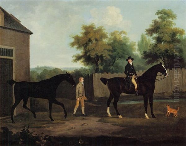 A Gentleman On A Bay Hunter With A Groom Leading A Black Hunter Outside The Stable Oil Painting by John Nost Sartorius