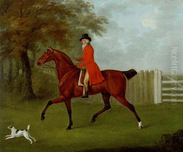 James Drake-brockman, Of Beachborough, Kent, On A Bay Hunter, With A Terrier, In A Wooded Landscape Oil Painting by John Nost Sartorius