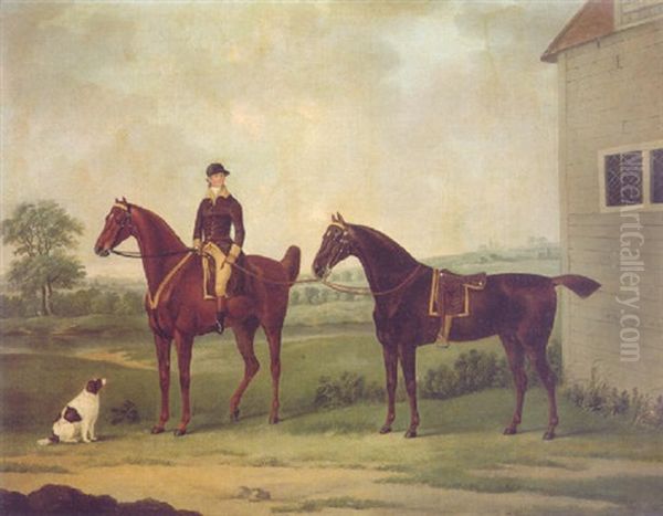 A Groom With Chestnut And Bay Hunters And A Spaniel Beside A Stable, A River And An Extensive Landscape Beyond Oil Painting by John Nost Sartorius