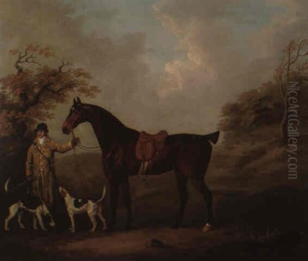 A Huntsman, A Saddled Hunter And Hounds In A Landscape Oil Painting by John Nost Sartorius