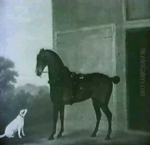 A Bay Work Horse With A Terrier Before A Stable In A Wooded Landscape Oil Painting by John Nost Sartorius