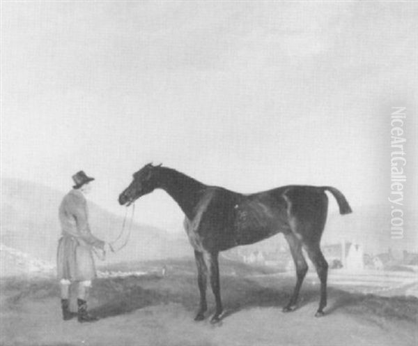 A Bay Racehorse Being Held By A Groom, An                   Extensive Landscape Beyond Oil Painting by John Nost Sartorius