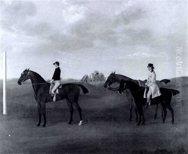 Three Racehorses With Two Riders Up At A Starting Post Oil Painting by John Nost Sartorius