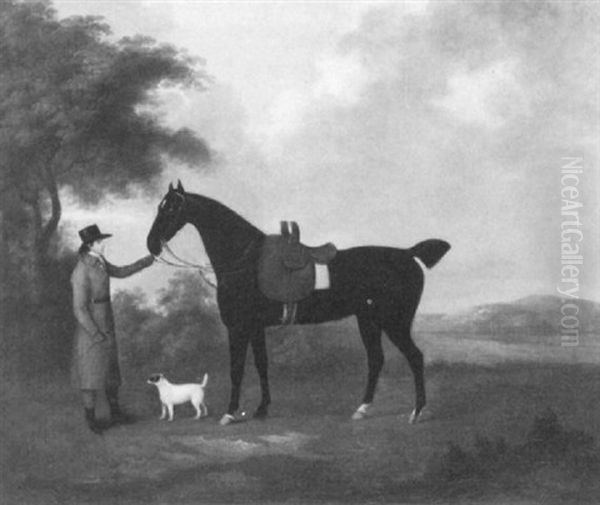 A Black Hunter With Groom And Terrier In A Landscape Oil Painting by John Nost Sartorius