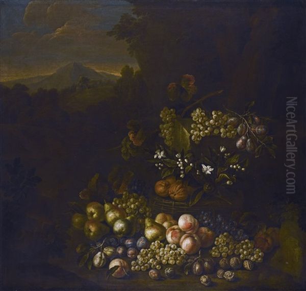 Still Life Of Flowers And Fruit, In A Basket, A Landscape Beyond Oil Painting by William Sartorius