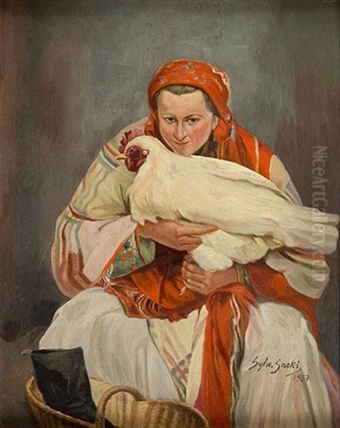 Woman With A Chicken Oil Painting by Sylwerjusz Saski