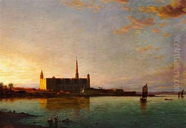 Coastal Scene With A Castle In The Sunset Oil Painting by Georg Sasnick