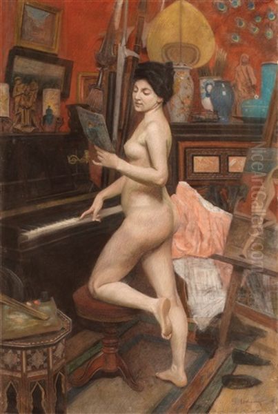 Nud In Interior Oriental Oil Painting by Alexandru Satmary