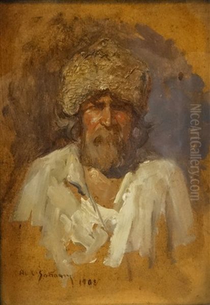 Old Peasant Oil Painting by Alexandru Satmary