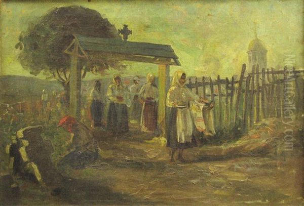 Women At Memorial Service Oil Painting by Alexandru Satmary