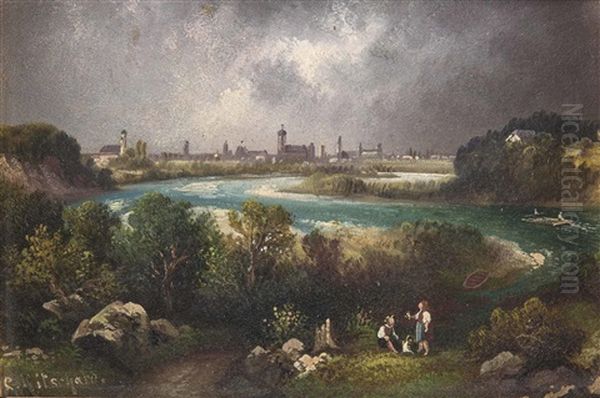 Am Flussufer Der Isar Mit Blick Auf Munchen Oil Painting by Hubert Sattler