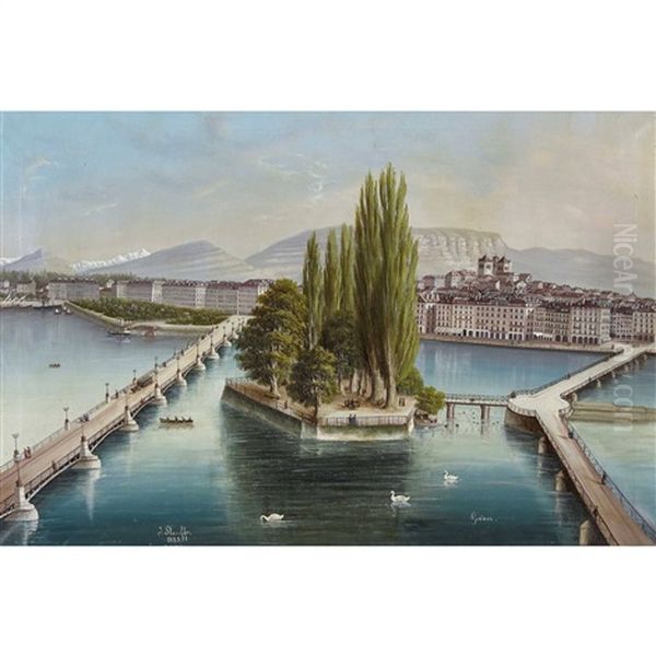 Vue Sur Le Quai Des Bergues A Geneve Oil Painting by Hubert Sattler