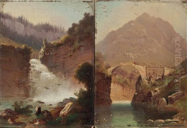 Brucke Bei Lavertezzo; Wasserfall - Doubs Bei Brenets (2 Works) Oil Painting by Hubert Sattler