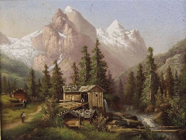 Holzarbeit In Den Hochalpen Oil Painting by Hubert Sattler