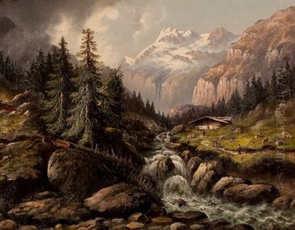 Berner Oberland (jungfrau Landscape) Oil Painting by Hubert Sattler