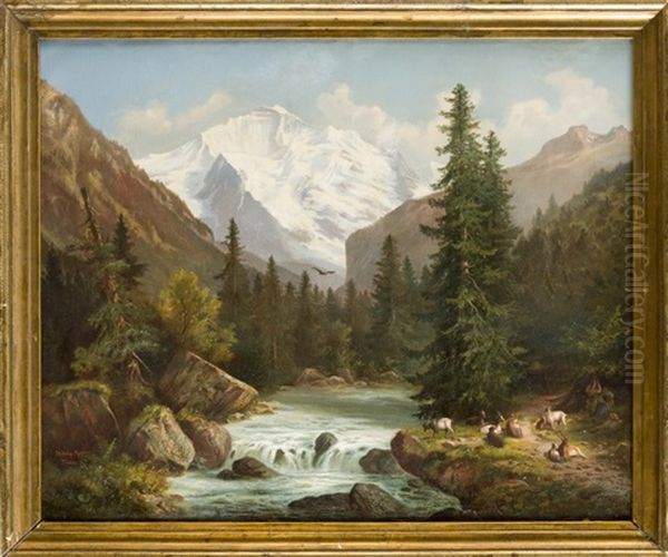 Alpenlandschaft Mit Am Fluss Rastenden Hirten Mit Ihren Ziegen Oil Painting by Hubert Sattler