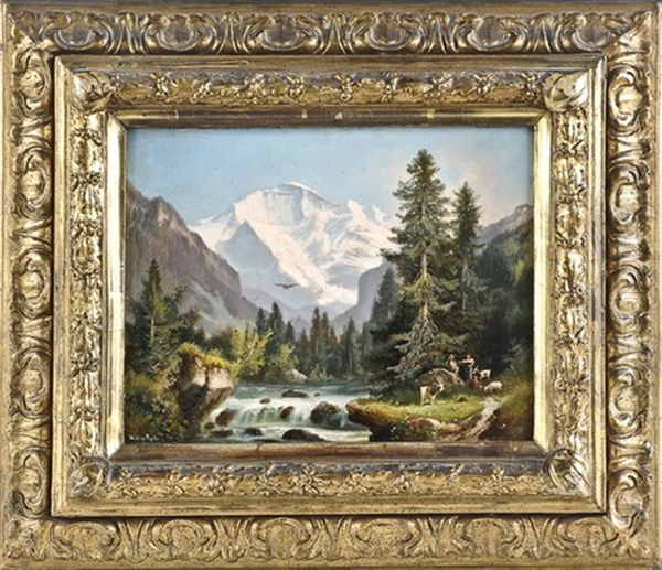 Schweizer Alpenlandschaft Mit Rastendem Hirtenpaar Am Flusufer Und Dem Jungfrauenberg Im Hintergrund Oil Painting by Hubert Sattler