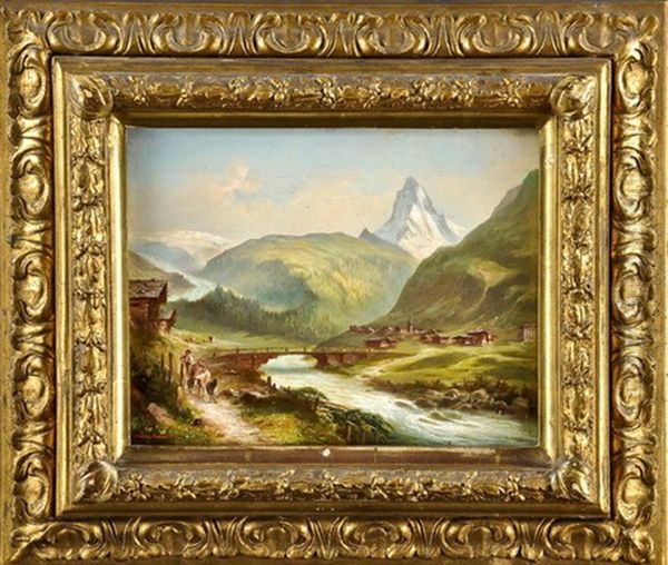 Ansicht Von Zermatt Mit Dem Matterhorn Im Hintergrund Und Einem Bauern Mit Kuh Und Ziege Oil Painting by Hubert Sattler