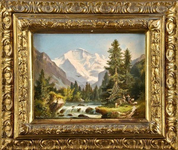 Rastende Hirten Mit Ziegen An Einem Alpinen Fluss Oil Painting by Hubert Sattler