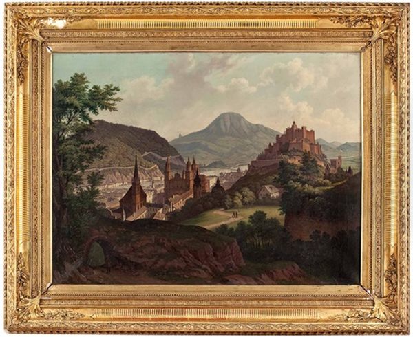 Blick Auf Die Franziskanerkirche, Die Domfassade Und Die Festung Von Salzburg, Aufgenommen Vom Monchsberg Oil Painting by Hubert Sattler