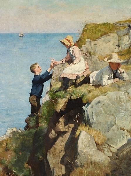 Children On The Cliffs Of The Cornish Coast On A Summer's Day Oil Painting by Frank Wright Bourdillon