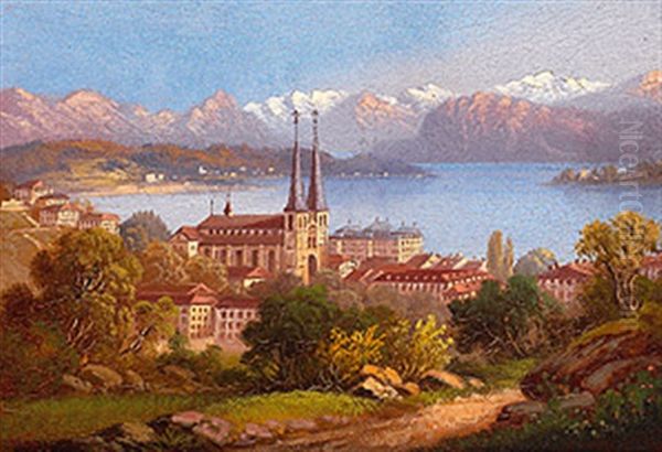 Schweizer Seenlandschaft Mit Malerischer Bergkette An Einem Fruhlingstag Oil Painting by Hubert Sattler