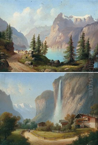 Der Staubbachfall Im Lauterbrunnental, Berner Oberland (+ Die Axenstrasse Am Vierwaldstattersee; 2 Works) Oil Painting by Hubert Sattler