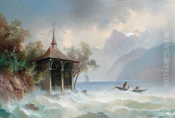 Sturmische Uberfahrt - Tellkapelle Am Vierwaldstatter See Oil Painting by Hubert Sattler