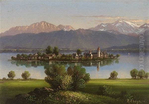 Blick Auf Die Insel Frauenchiemsee Vor Gebirgshintergrund by Hubert Sattler