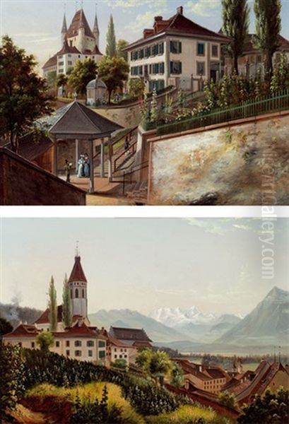 Ansicht Von Thun Am Thunersee (+ Another; 2 Works) Oil Painting by Hubert Sattler