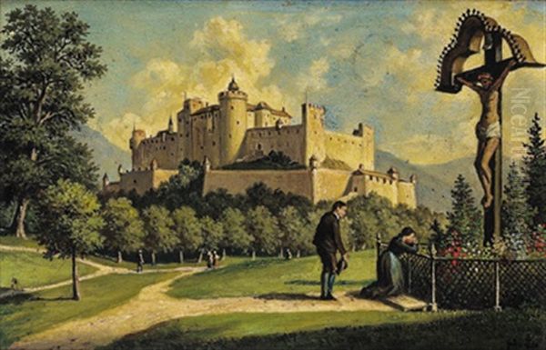 Die Festung Von Salzburg Vom Monchsberg Aus Oil Painting by Hubert Sattler