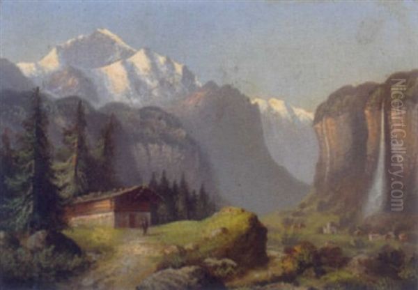 Der Staubbachfall Mit Der Jungfrau Im Hintergrund Oil Painting by Hubert Sattler