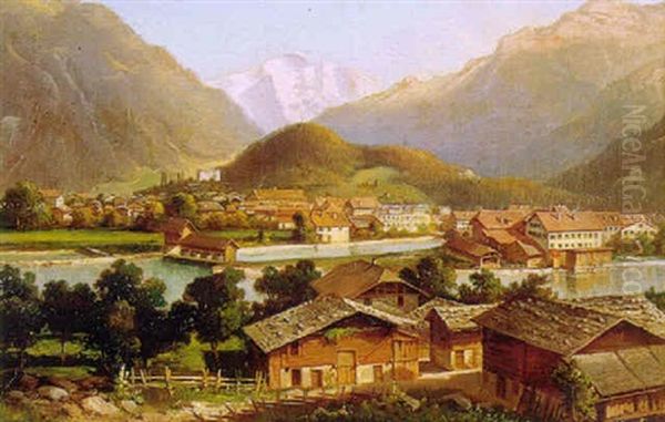 Village Dans La Vallee Oil Painting by Hubert Sattler