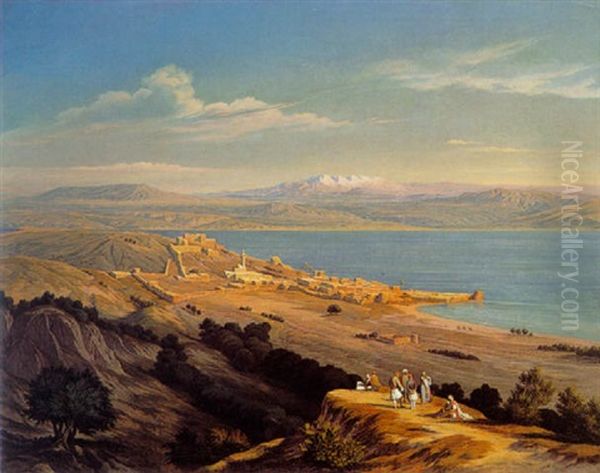 The Lake Of Tiberias, Looking Towards Hermion Oil Painting by Hubert Sattler