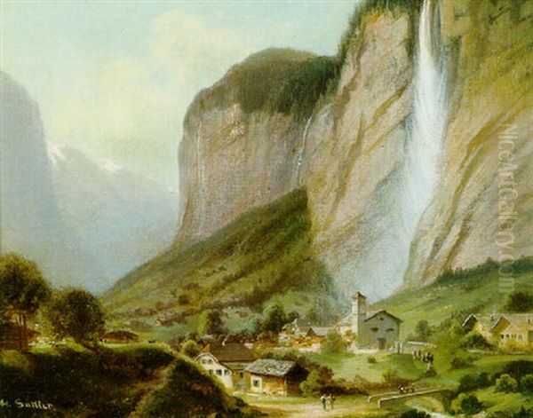 Motiv Aus Der Schweiz Der Staubbachfall Oil Painting by Hubert Sattler