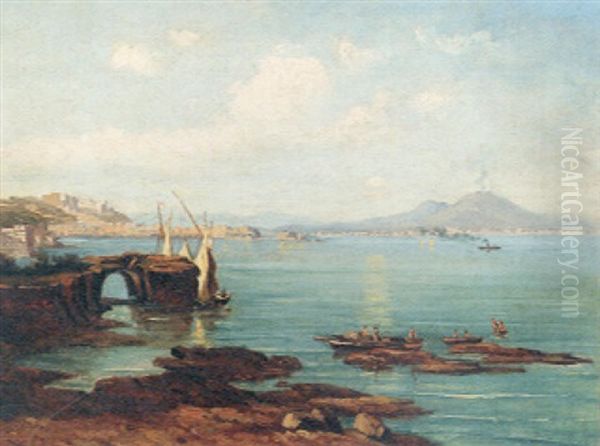 The Bay Of Naples With Vesuvius Beyond Oil Painting by Hubert Sattler