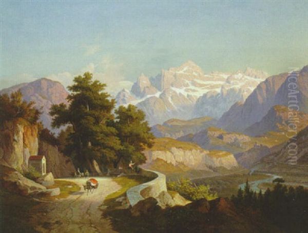 A Mountainous Landscape Oil Painting by Hubert Sattler