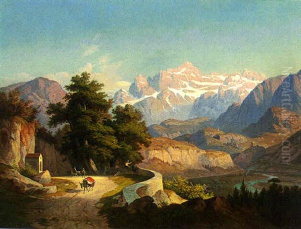 A Mountainous Landscape Oil Painting by Hubert Sattler