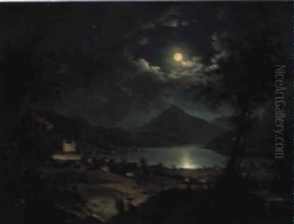 A View Of Lake Mondsee, Lake Mondsee Oil Painting by Hubert Sattler